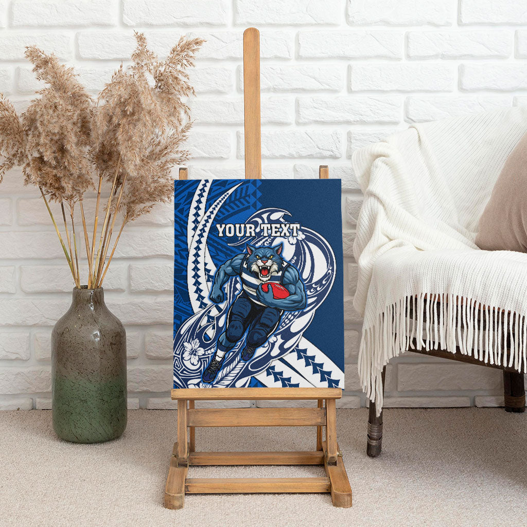 Personalized Geelong Cats Canvas Wall Art Polynesian Tribal Cat Mascot With Hibiscus Floral Art