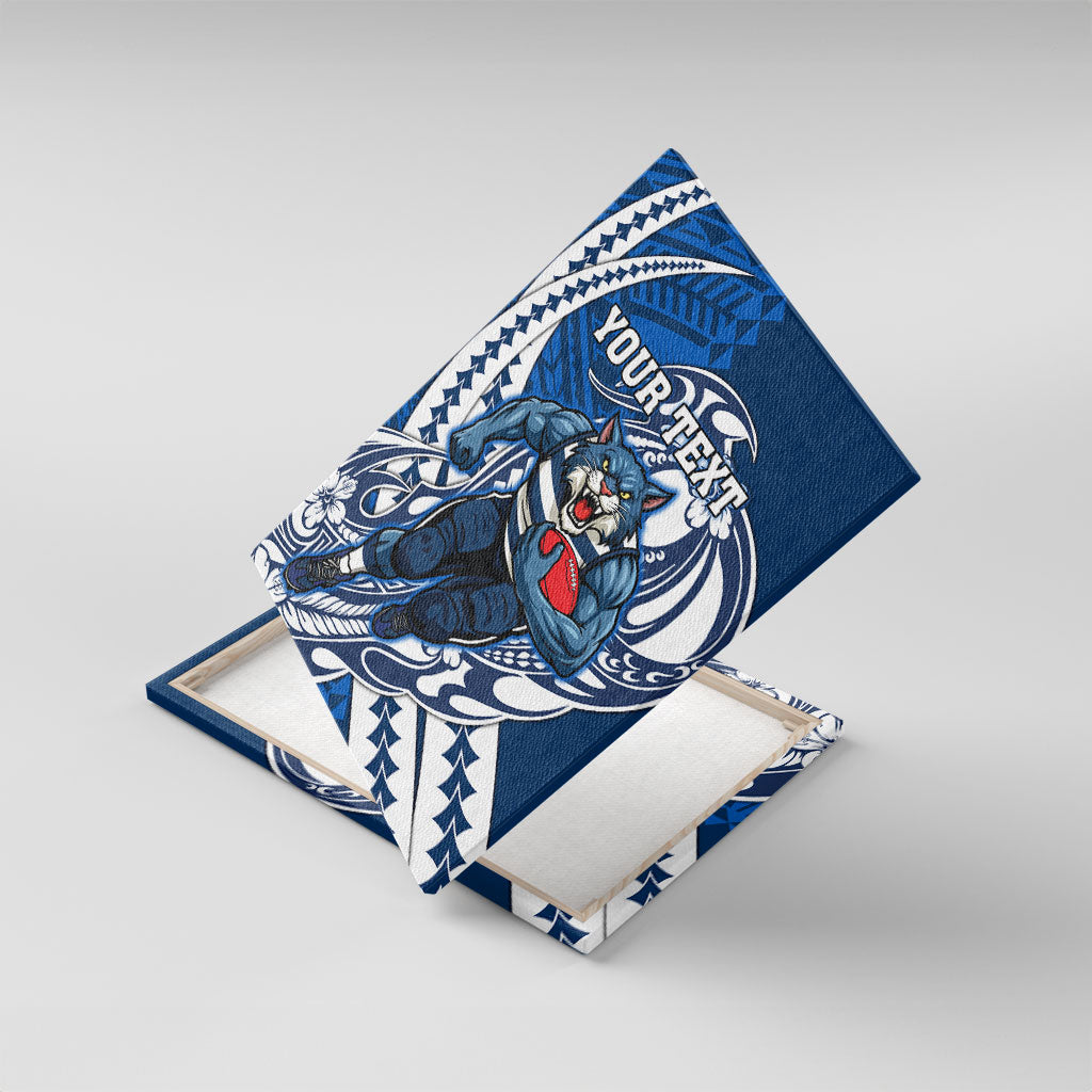 Personalized Geelong Cats Canvas Wall Art Polynesian Tribal Cat Mascot With Hibiscus Floral Art