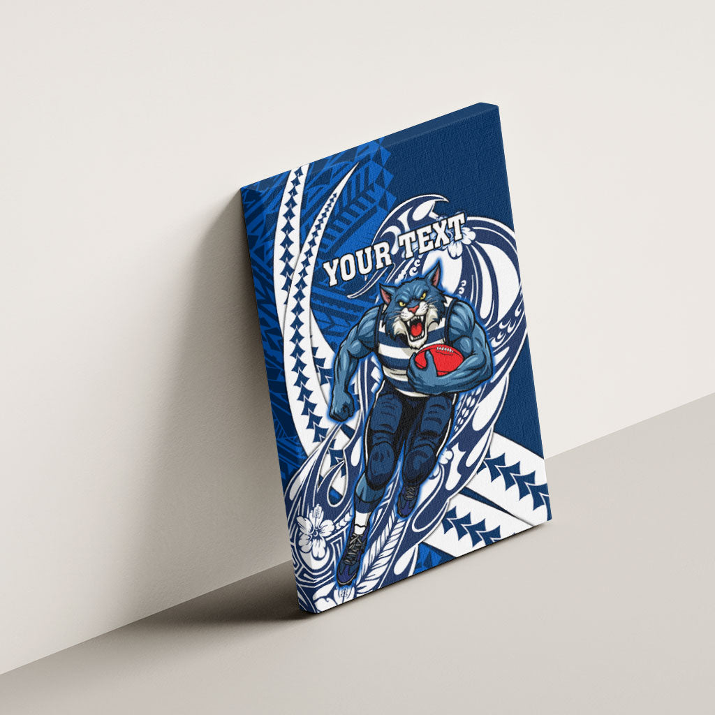 Personalized Geelong Cats Canvas Wall Art Polynesian Tribal Cat Mascot With Hibiscus Floral Art