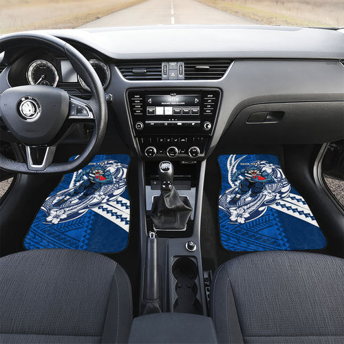 Personalized Geelong Cats Car Mats Polynesian Tribal Cat Mascot With Hibiscus Floral Art