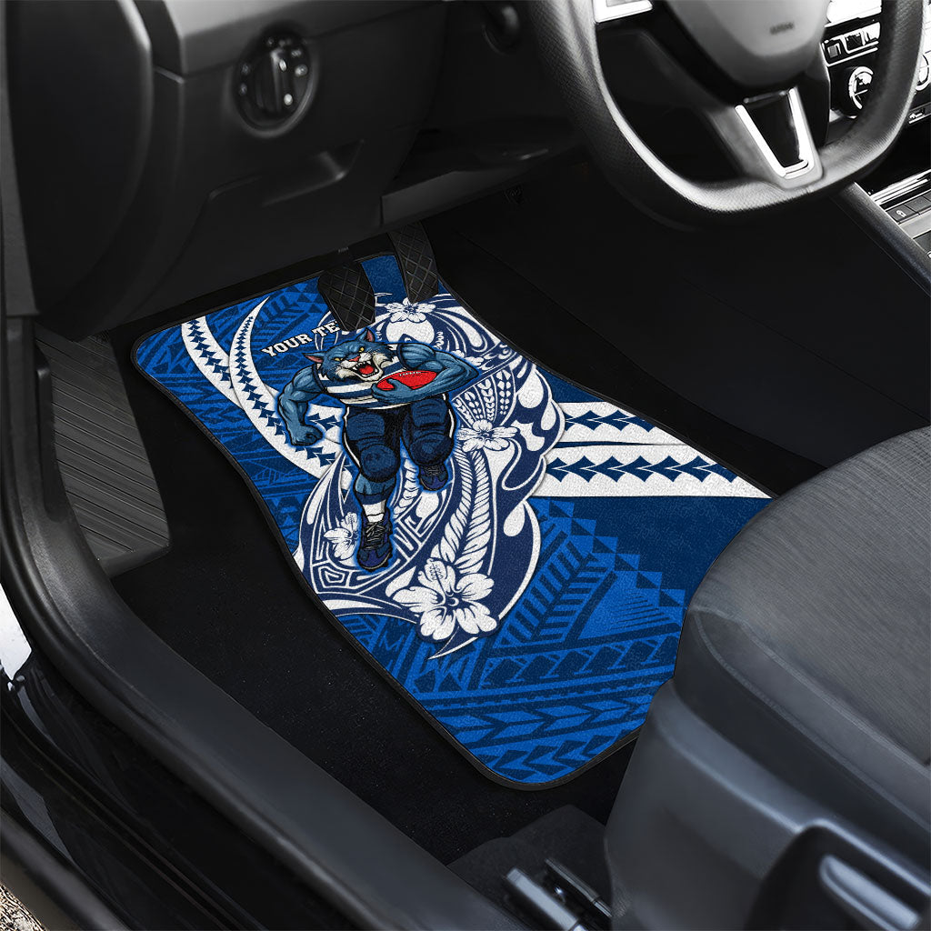 Personalized Geelong Cats Car Mats Polynesian Tribal Cat Mascot With Hibiscus Floral Art