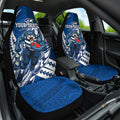 Personalized Geelong Cats Car Seat Cover Polynesian Tribal Cat Mascot With Hibiscus Floral Art