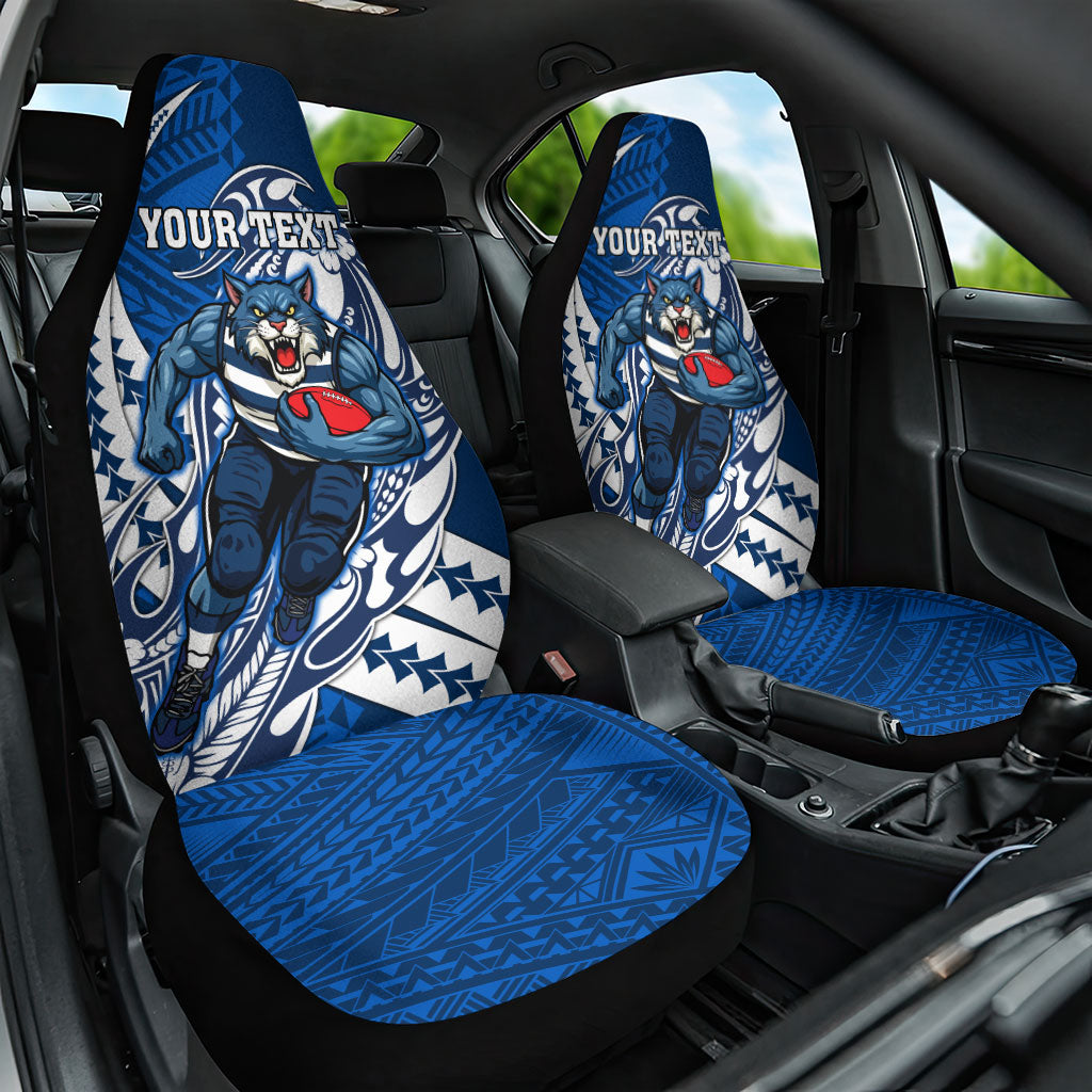 Personalized Geelong Cats Car Seat Cover Polynesian Tribal Cat Mascot With Hibiscus Floral Art