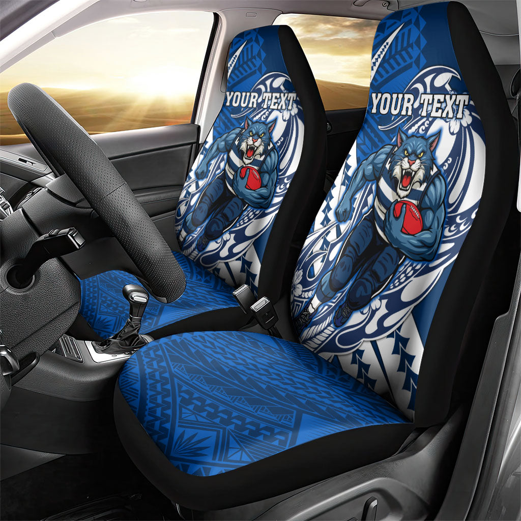 Personalized Geelong Cats Car Seat Cover Polynesian Tribal Cat Mascot With Hibiscus Floral Art