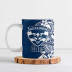 Personalized Geelong Cats Ceramic Mug Polynesian Tribal Cat Mascot With Hibiscus Floral Art
