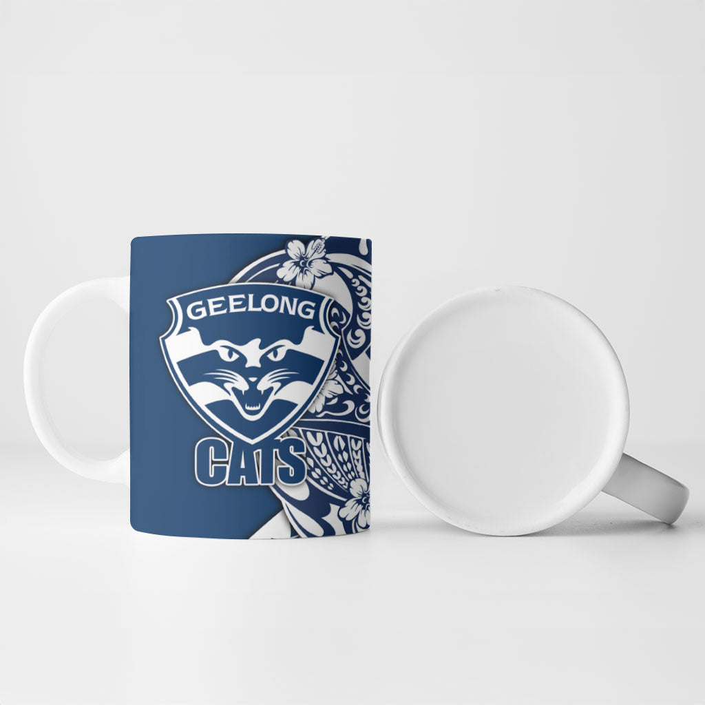 Personalized Geelong Cats Ceramic Mug Polynesian Tribal Cat Mascot With Hibiscus Floral Art