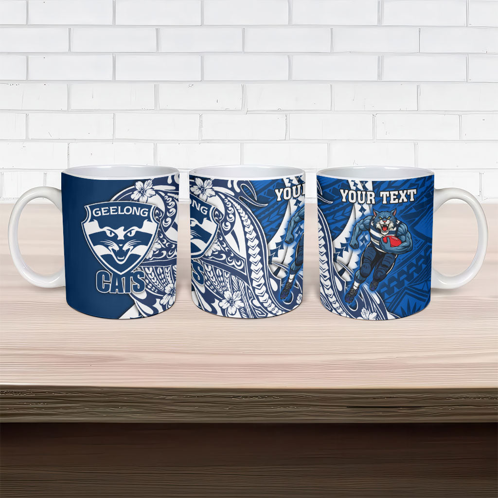 Personalized Geelong Cats Ceramic Mug Polynesian Tribal Cat Mascot With Hibiscus Floral Art