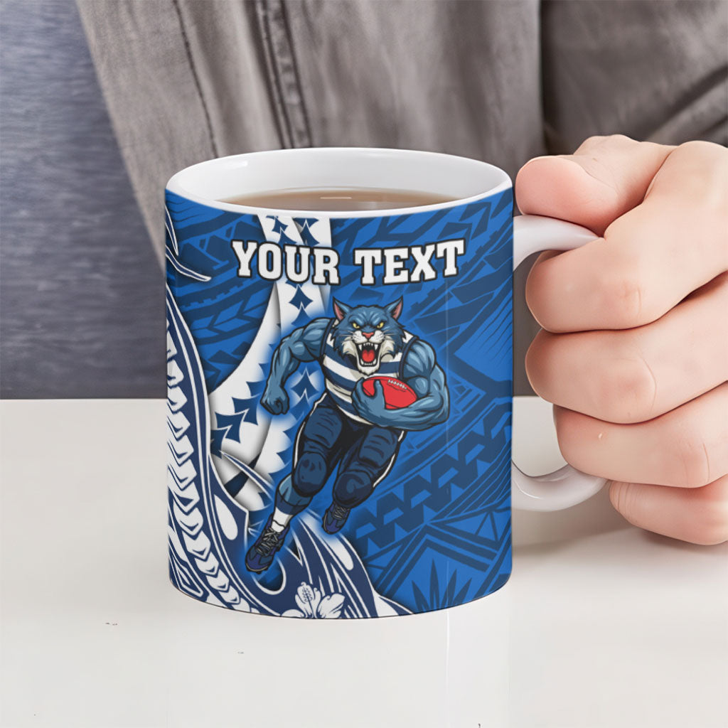 Personalized Geelong Cats Ceramic Mug Polynesian Tribal Cat Mascot With Hibiscus Floral Art