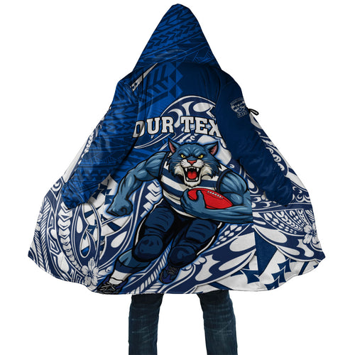 Personalized Geelong Cats Cloak Polynesian Tribal Cat Mascot With Hibiscus Floral Art