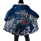 Personalized Geelong Cats Cloak Polynesian Tribal Cat Mascot With Hibiscus Floral Art