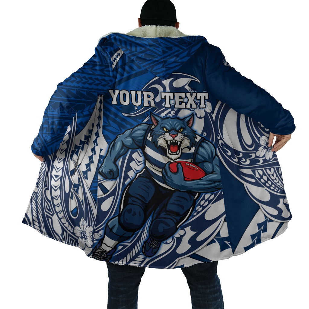 Personalized Geelong Cats Cloak Polynesian Tribal Cat Mascot With Hibiscus Floral Art