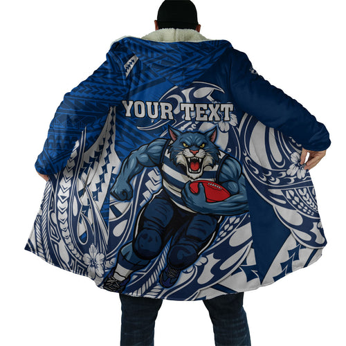 Personalized Geelong Cats Cloak Polynesian Tribal Cat Mascot With Hibiscus Floral Art