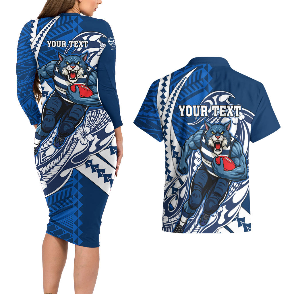 Personalized Geelong Cats Couples Matching Long Sleeve Bodycon Dress and Hawaiian Shirt Polynesian Tribal Cat Mascot With Hibiscus Floral Art