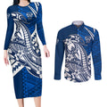Personalized Geelong Cats Couples Matching Long Sleeve Bodycon Dress and Long Sleeve Button Shirt Polynesian Tribal Cat Mascot With Hibiscus Floral Art