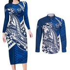 Personalized Geelong Cats Couples Matching Long Sleeve Bodycon Dress and Long Sleeve Button Shirt Polynesian Tribal Cat Mascot With Hibiscus Floral Art