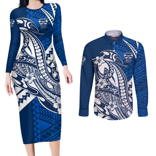 Personalized Geelong Cats Couples Matching Long Sleeve Bodycon Dress and Long Sleeve Button Shirt Polynesian Tribal Cat Mascot With Hibiscus Floral Art