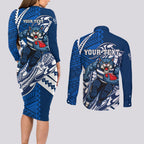 Personalized Geelong Cats Couples Matching Long Sleeve Bodycon Dress and Long Sleeve Button Shirt Polynesian Tribal Cat Mascot With Hibiscus Floral Art