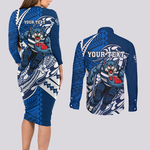 Personalized Geelong Cats Couples Matching Long Sleeve Bodycon Dress and Long Sleeve Button Shirt Polynesian Tribal Cat Mascot With Hibiscus Floral Art