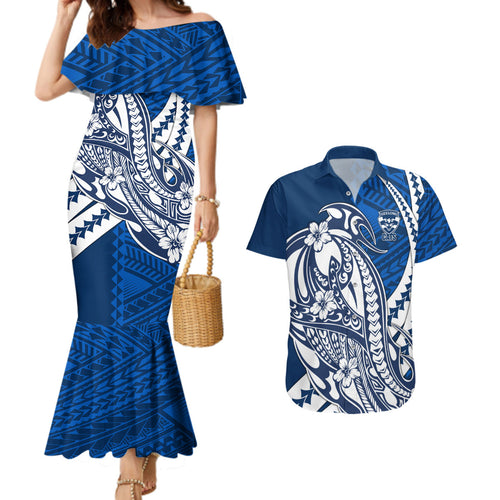 Personalized Geelong Cats Couples Matching Mermaid Dress and Hawaiian Shirt Polynesian Tribal Cat Mascot With Hibiscus Floral Art