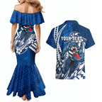 Personalized Geelong Cats Couples Matching Mermaid Dress and Hawaiian Shirt Polynesian Tribal Cat Mascot With Hibiscus Floral Art
