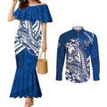 Personalized Geelong Cats Couples Matching Mermaid Dress and Long Sleeve Button Shirt Polynesian Tribal Cat Mascot With Hibiscus Floral Art