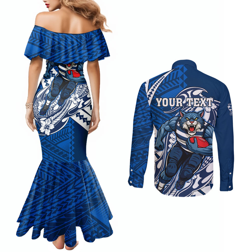 Personalized Geelong Cats Couples Matching Mermaid Dress and Long Sleeve Button Shirt Polynesian Tribal Cat Mascot With Hibiscus Floral Art