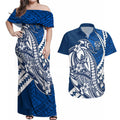 Personalized Geelong Cats Couples Matching Off Shoulder Maxi Dress and Hawaiian Shirt Polynesian Tribal Cat Mascot With Hibiscus Floral Art
