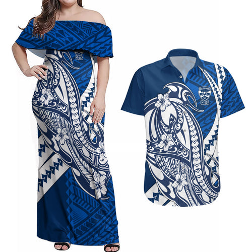 Personalized Geelong Cats Couples Matching Off Shoulder Maxi Dress and Hawaiian Shirt Polynesian Tribal Cat Mascot With Hibiscus Floral Art