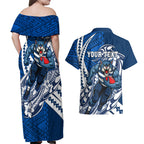 Personalized Geelong Cats Couples Matching Off Shoulder Maxi Dress and Hawaiian Shirt Polynesian Tribal Cat Mascot With Hibiscus Floral Art