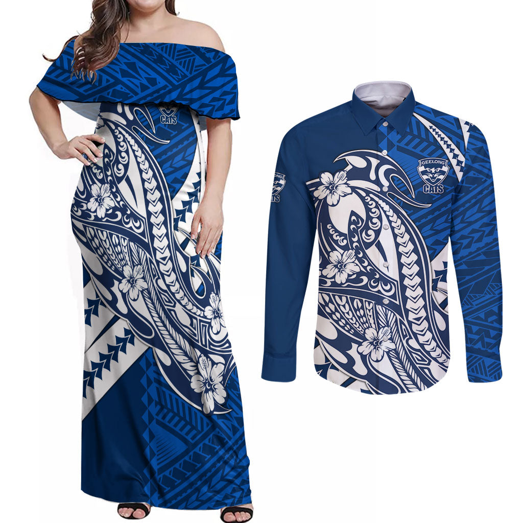 Personalized Geelong Cats Couples Matching Off Shoulder Maxi Dress and Long Sleeve Button Shirt Polynesian Tribal Cat Mascot With Hibiscus Floral Art