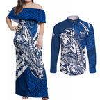 Personalized Geelong Cats Couples Matching Off Shoulder Maxi Dress and Long Sleeve Button Shirt Polynesian Tribal Cat Mascot With Hibiscus Floral Art