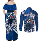 Personalized Geelong Cats Couples Matching Off Shoulder Maxi Dress and Long Sleeve Button Shirt Polynesian Tribal Cat Mascot With Hibiscus Floral Art