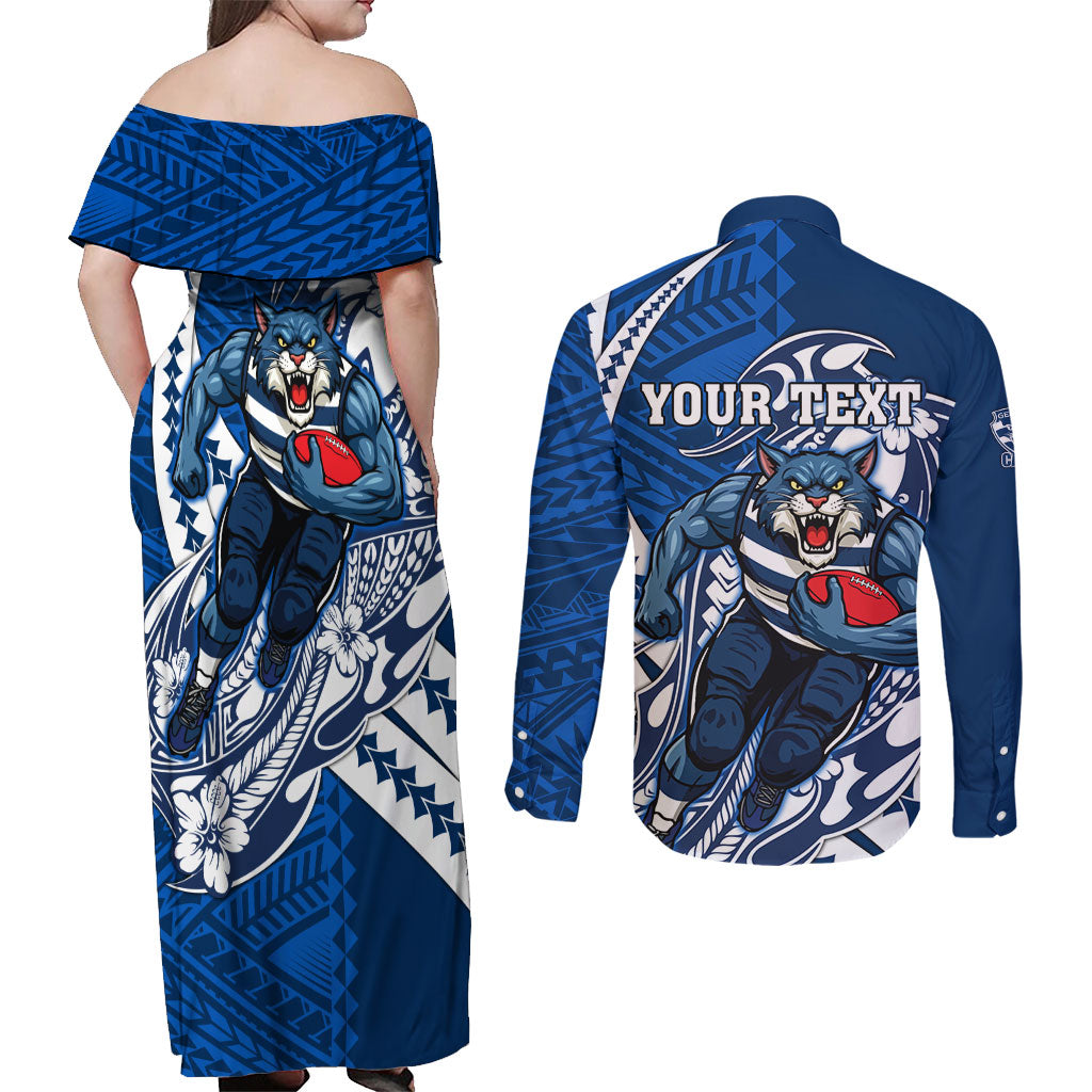 Personalized Geelong Cats Couples Matching Off Shoulder Maxi Dress and Long Sleeve Button Shirt Polynesian Tribal Cat Mascot With Hibiscus Floral Art