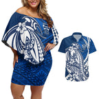 Personalized Geelong Cats Couples Matching Off Shoulder Short Dress and Hawaiian Shirt Polynesian Tribal Cat Mascot With Hibiscus Floral Art