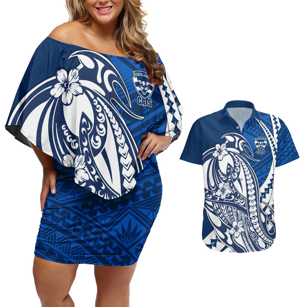 Personalized Geelong Cats Couples Matching Off Shoulder Short Dress and Hawaiian Shirt Polynesian Tribal Cat Mascot With Hibiscus Floral Art