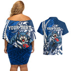 Personalized Geelong Cats Couples Matching Off Shoulder Short Dress and Hawaiian Shirt Polynesian Tribal Cat Mascot With Hibiscus Floral Art