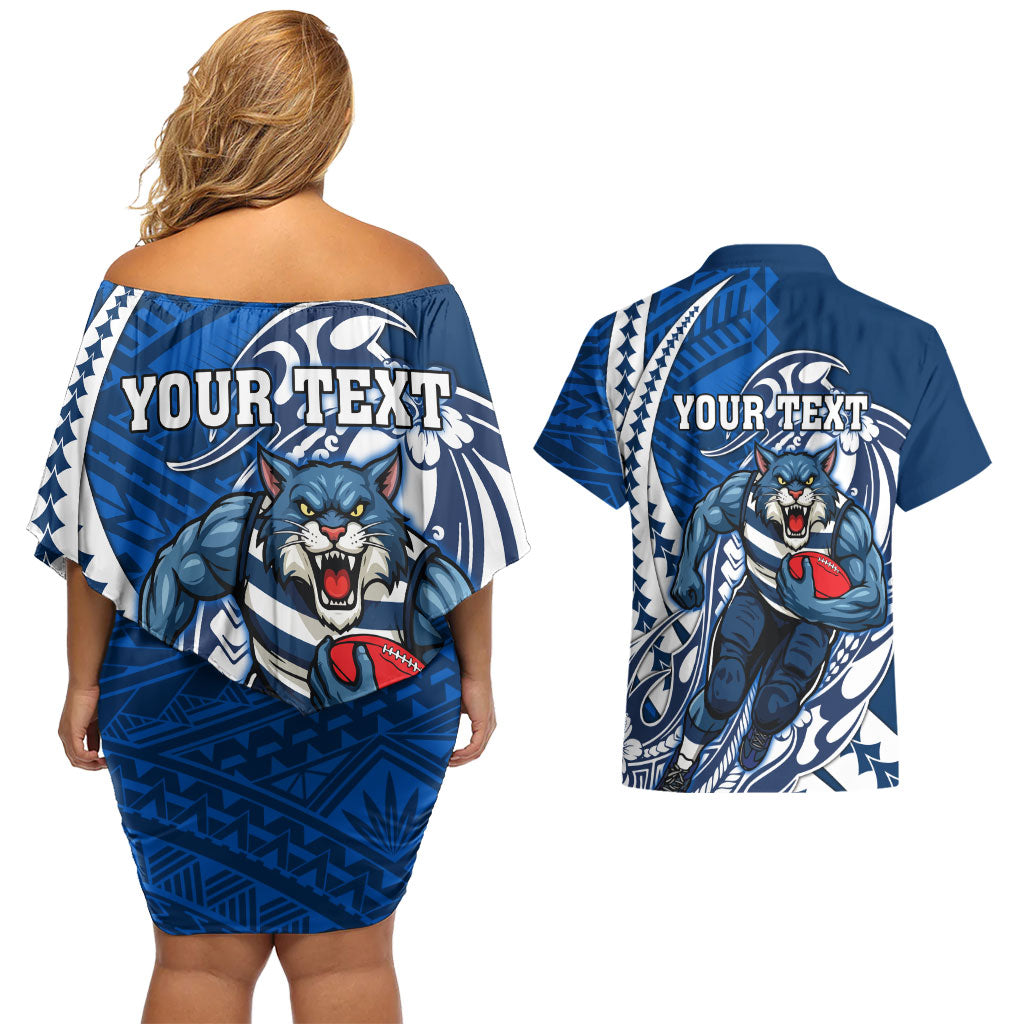 Personalized Geelong Cats Couples Matching Off Shoulder Short Dress and Hawaiian Shirt Polynesian Tribal Cat Mascot With Hibiscus Floral Art