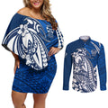 Personalized Geelong Cats Couples Matching Off Shoulder Short Dress and Long Sleeve Button Shirt Polynesian Tribal Cat Mascot With Hibiscus Floral Art