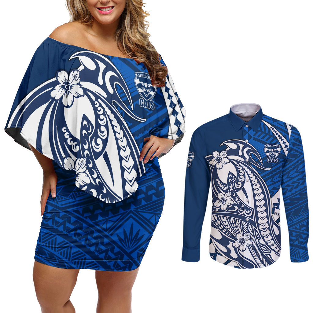 Personalized Geelong Cats Couples Matching Off Shoulder Short Dress and Long Sleeve Button Shirt Polynesian Tribal Cat Mascot With Hibiscus Floral Art