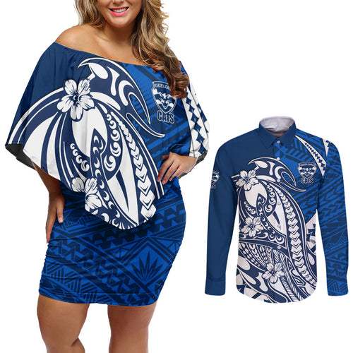 Personalized Geelong Cats Couples Matching Off Shoulder Short Dress and Long Sleeve Button Shirt Polynesian Tribal Cat Mascot With Hibiscus Floral Art