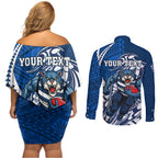 Personalized Geelong Cats Couples Matching Off Shoulder Short Dress and Long Sleeve Button Shirt Polynesian Tribal Cat Mascot With Hibiscus Floral Art