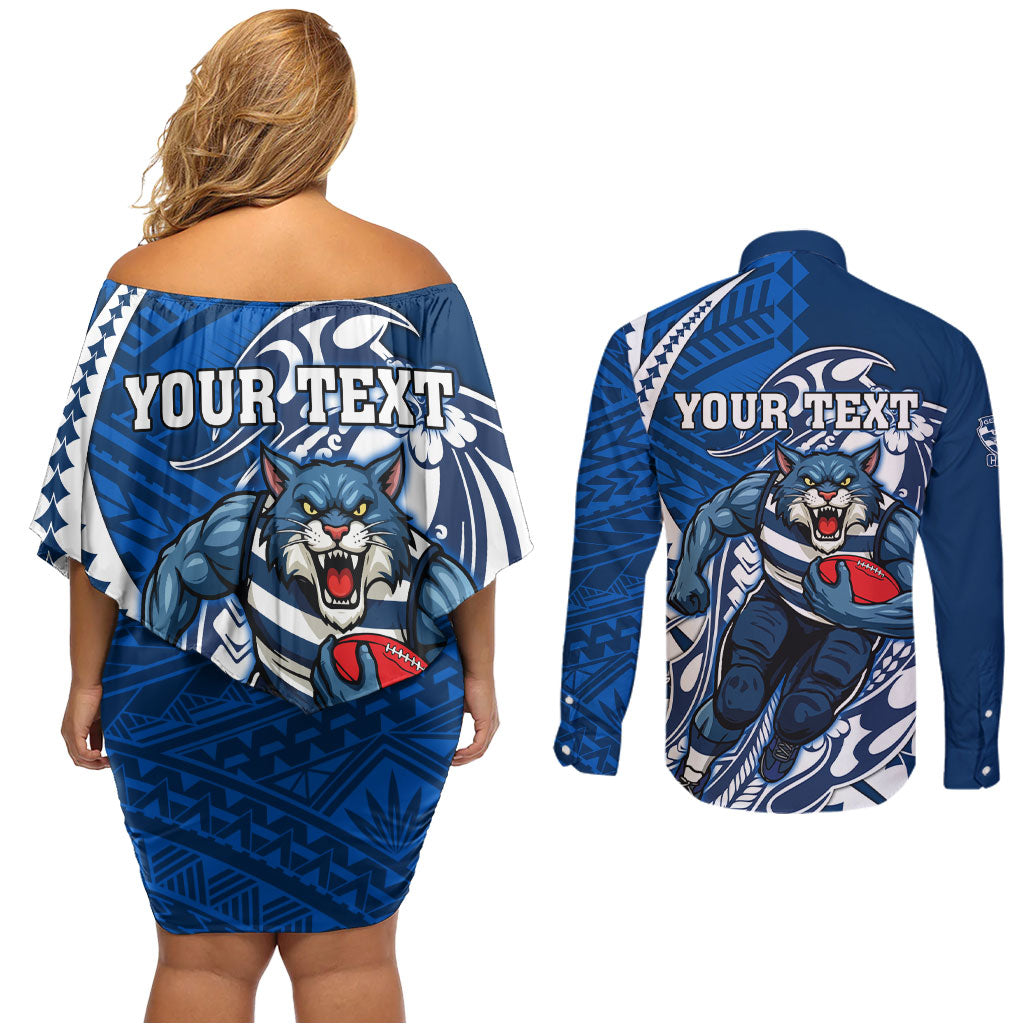 Personalized Geelong Cats Couples Matching Off Shoulder Short Dress and Long Sleeve Button Shirt Polynesian Tribal Cat Mascot With Hibiscus Floral Art