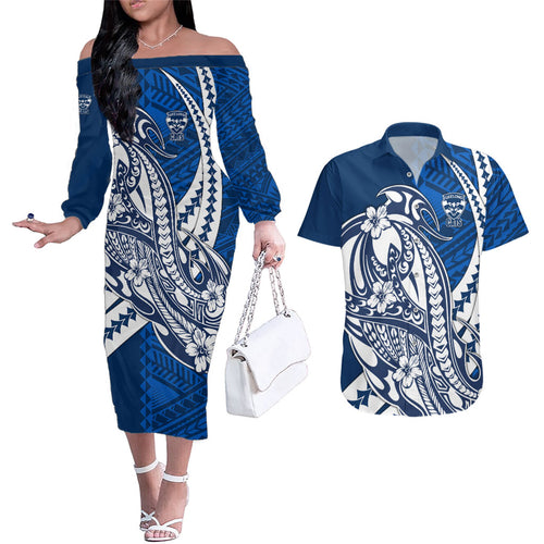 Personalized Geelong Cats Couples Matching Off The Shoulder Long Sleeve Dress and Hawaiian Shirt Polynesian Tribal Cat Mascot With Hibiscus Floral Art