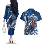 Personalized Geelong Cats Couples Matching Off The Shoulder Long Sleeve Dress and Hawaiian Shirt Polynesian Tribal Cat Mascot With Hibiscus Floral Art