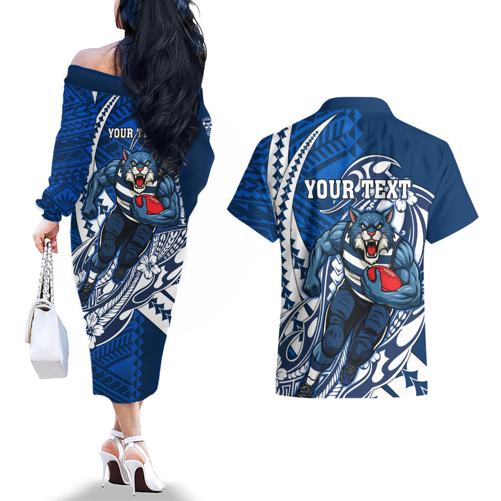 Personalized Geelong Cats Couples Matching Off The Shoulder Long Sleeve Dress and Hawaiian Shirt Polynesian Tribal Cat Mascot With Hibiscus Floral Art
