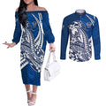 Personalized Geelong Cats Couples Matching Off The Shoulder Long Sleeve Dress and Long Sleeve Button Shirt Polynesian Tribal Cat Mascot With Hibiscus Floral Art
