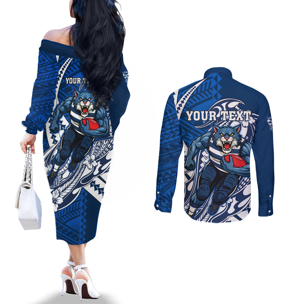 Personalized Geelong Cats Couples Matching Off The Shoulder Long Sleeve Dress and Long Sleeve Button Shirt Polynesian Tribal Cat Mascot With Hibiscus Floral Art