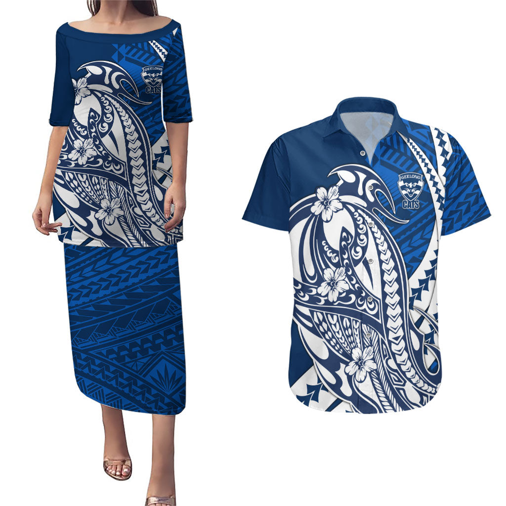 Personalized Geelong Cats Couples Matching Puletasi and Hawaiian Shirt Polynesian Tribal Cat Mascot With Hibiscus Floral Art