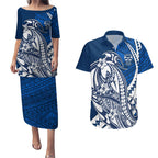 Personalized Geelong Cats Couples Matching Puletasi and Hawaiian Shirt Polynesian Tribal Cat Mascot With Hibiscus Floral Art