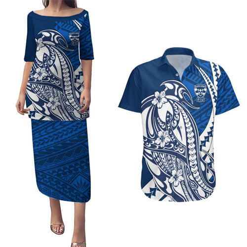 Personalized Geelong Cats Couples Matching Puletasi and Hawaiian Shirt Polynesian Tribal Cat Mascot With Hibiscus Floral Art